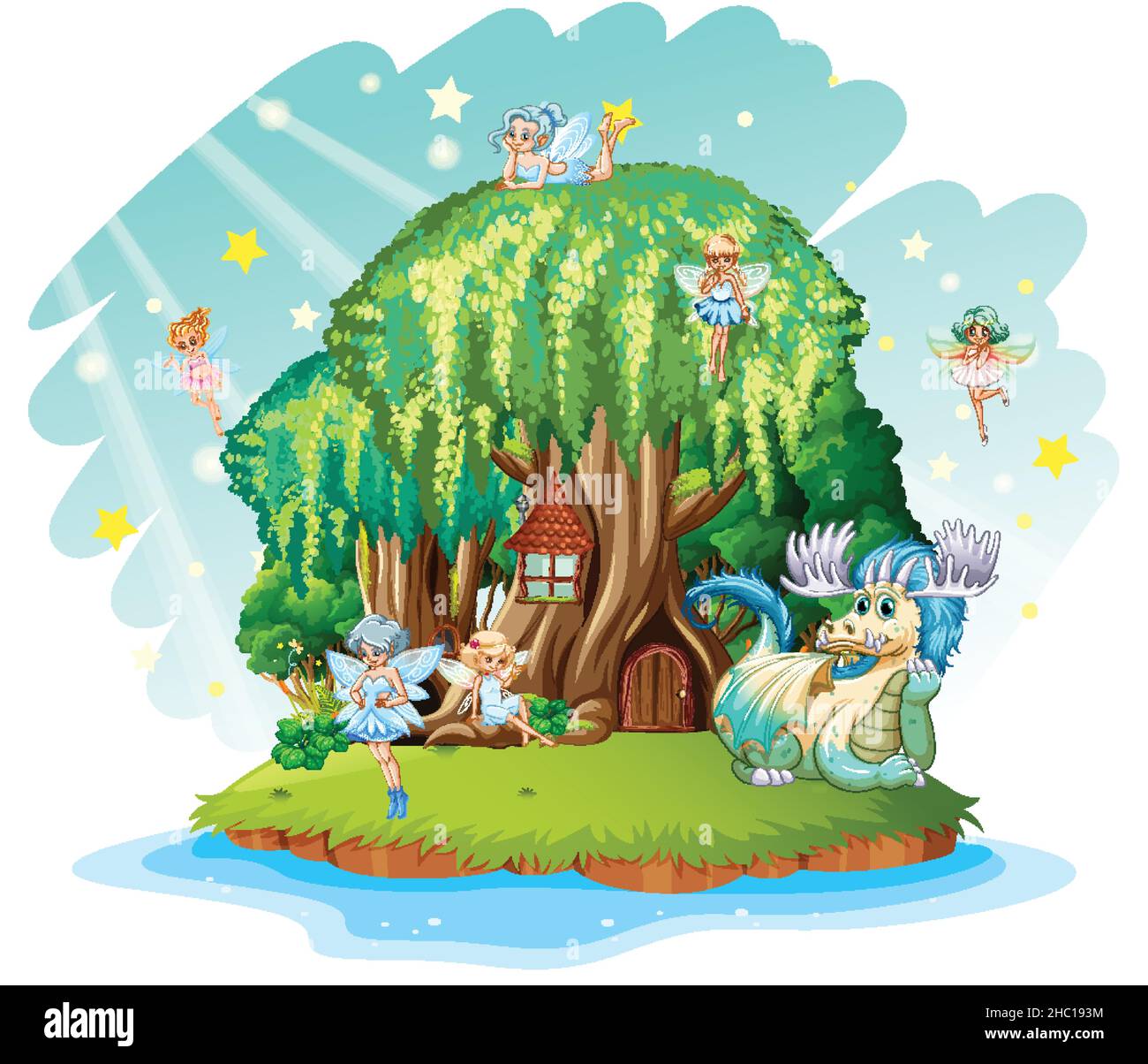 Fantasy tree house inside tree trunk with fairies and dragon