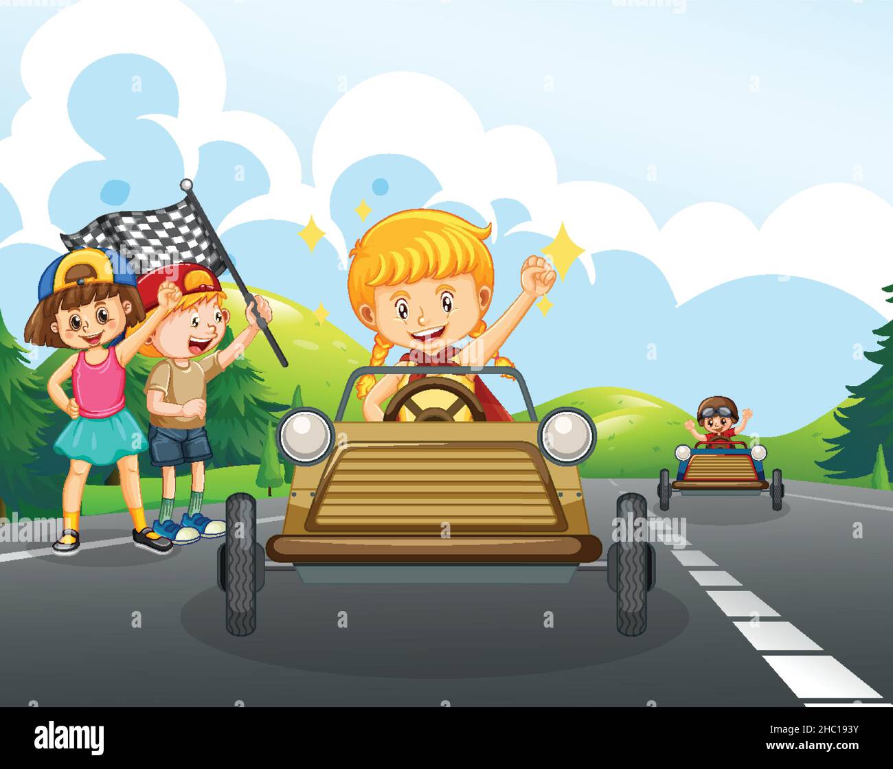 Kid Rally Drawing Road scene with children racing car illustration Stock Vector Image ...