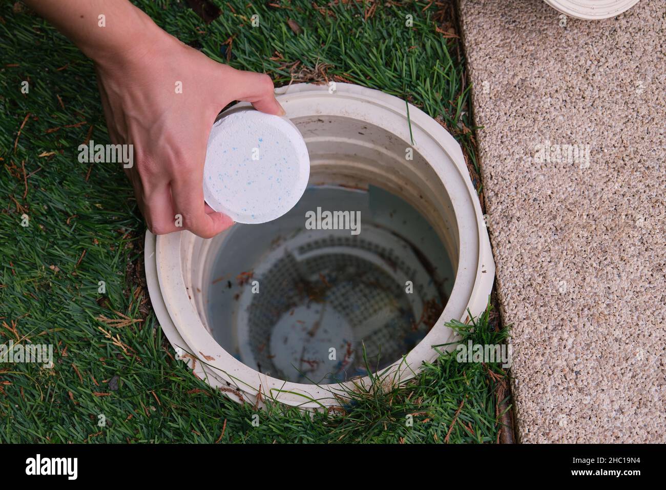 Woman hand putting a chlorine tablet into the pool skimmer. Stock Photo