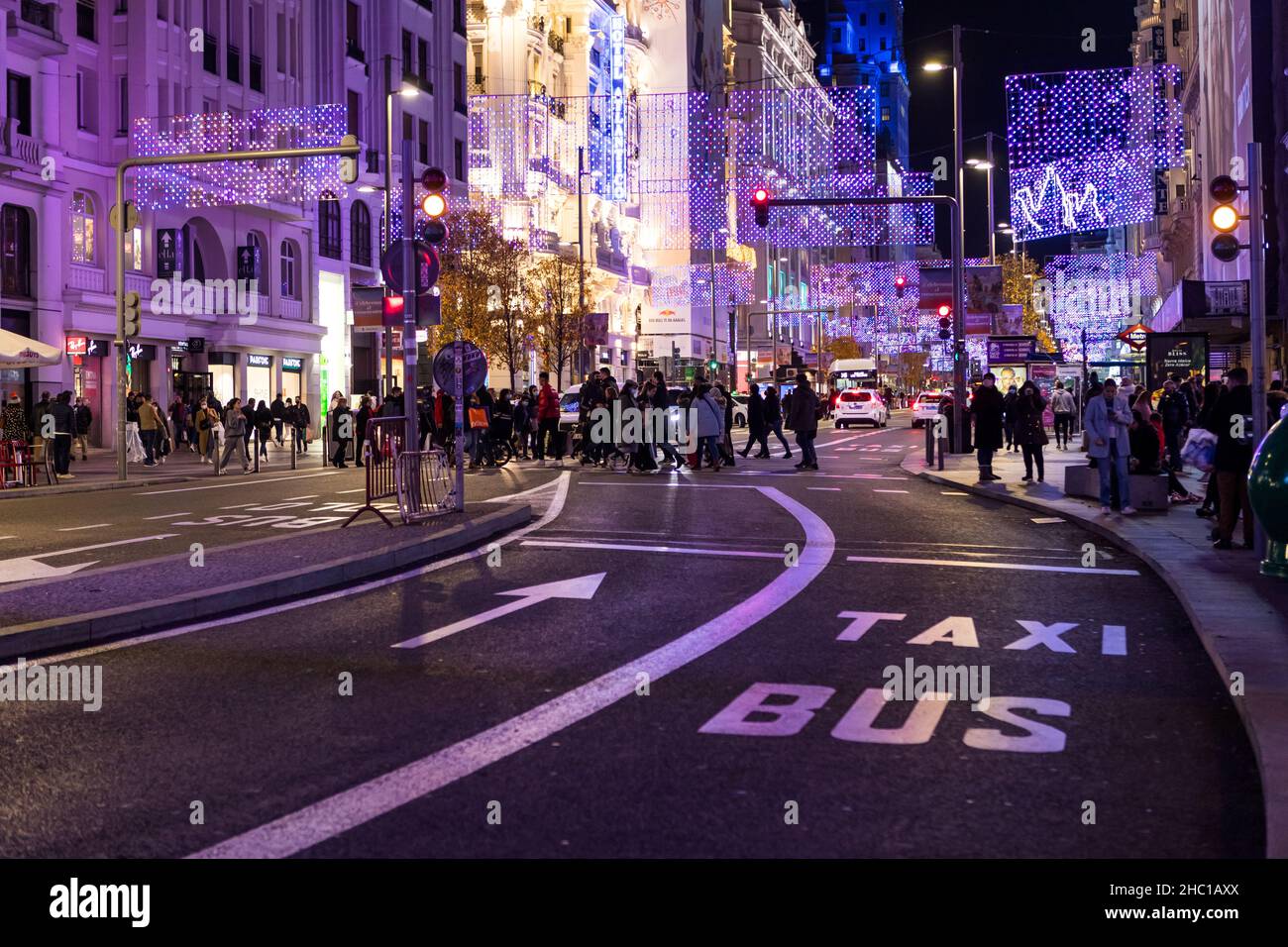 Madrid, Spain - December 13, 2021: Christmas lights shine on Gran Via street n Madrid, Spain. Stock Photo