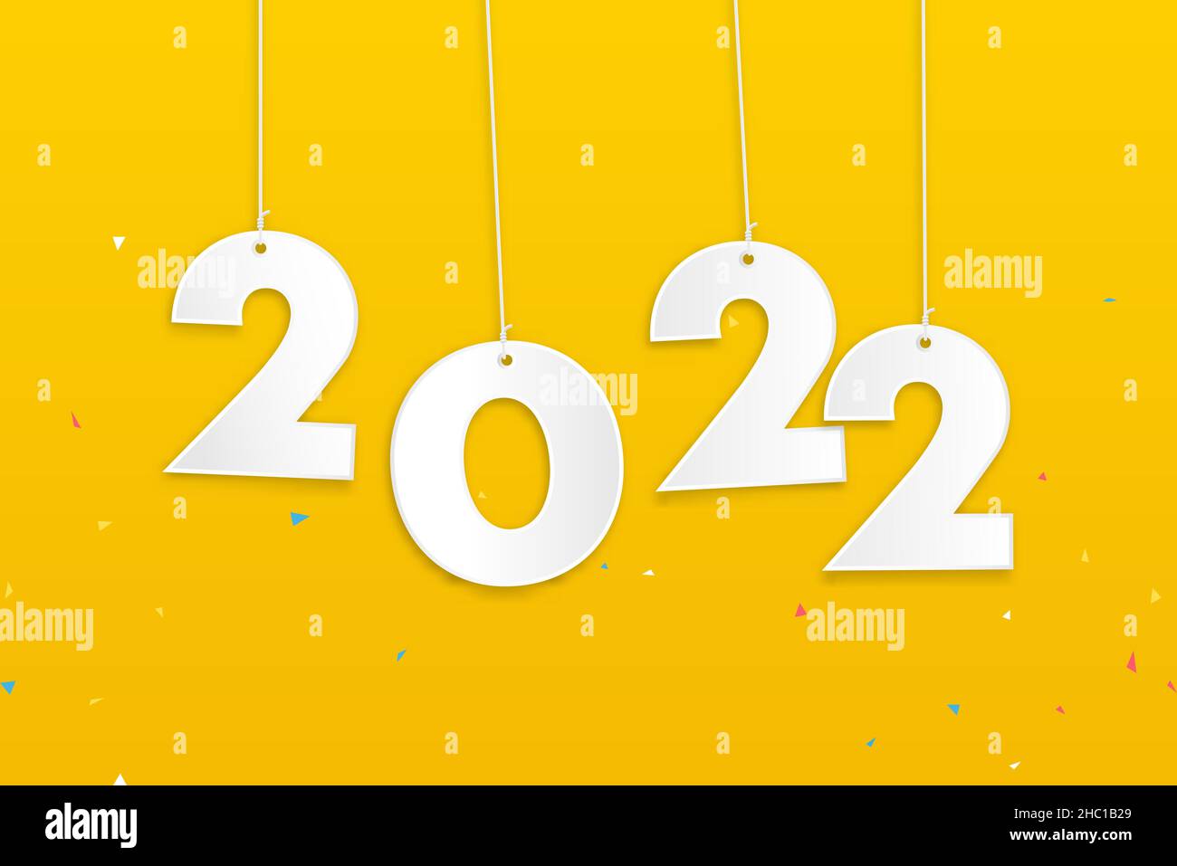 Numbers 2022 hanging on the ropes on colorful yellow background with confetti for new year concept Stock Vector