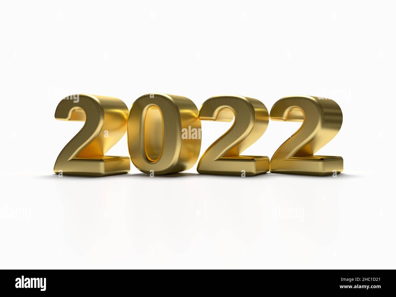 Gold 2022 new year 3d render illustration isolated on white background, Perspective View. Stock Photo