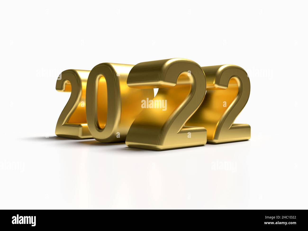 Gold 2022 new year 3d render illustration scattered and isolated on white background, Perspective View. Stock Photo
