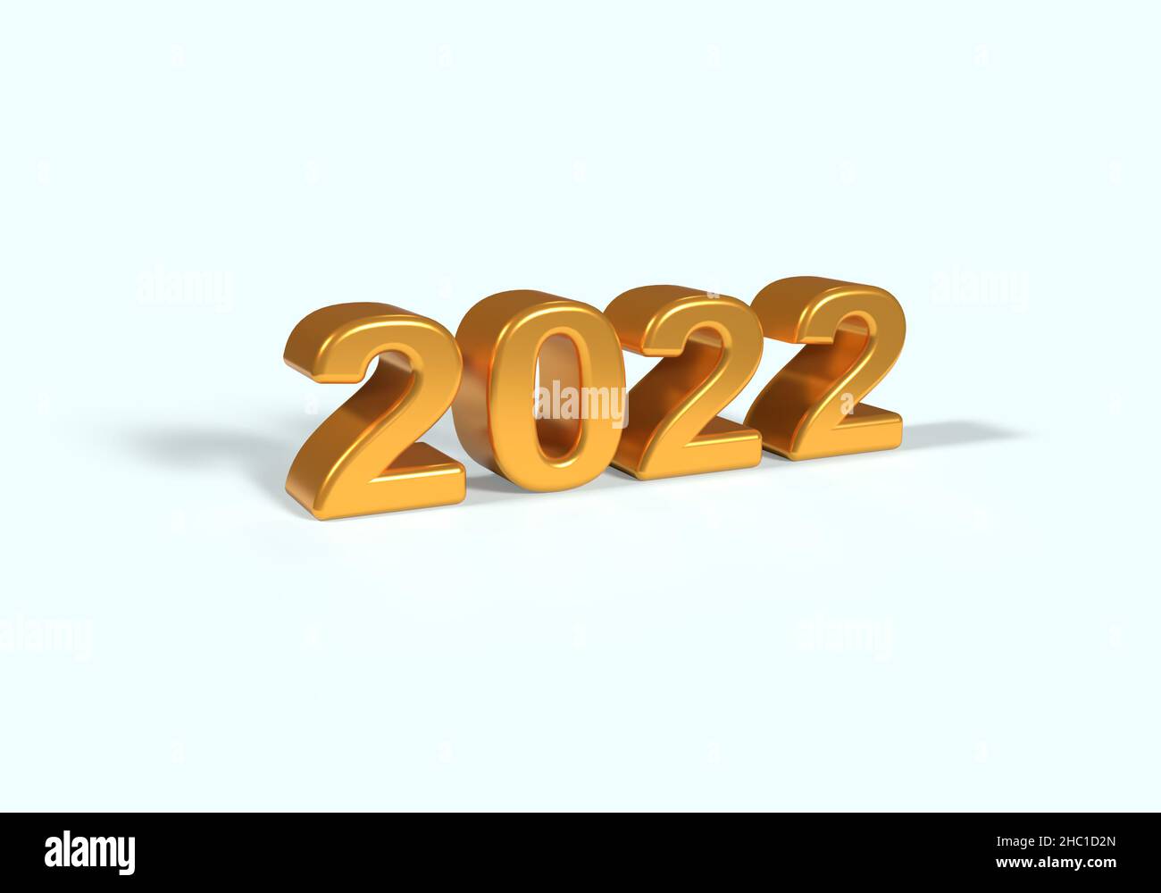 Metalic Gold 2022 new year 3d render illustration isolated on white background, Perspective View. Stock Photo