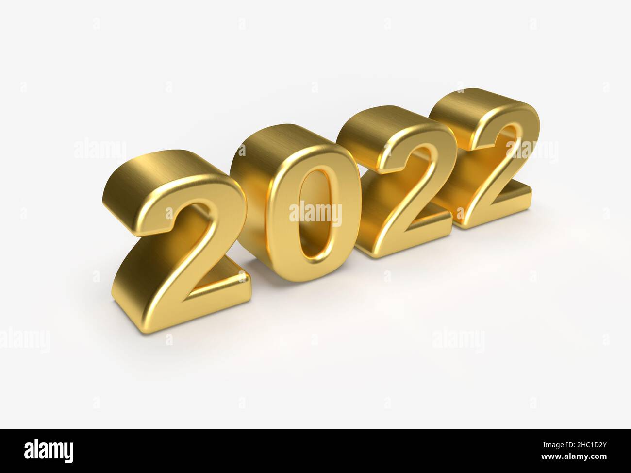 Metalic Gold 2022 new year 3d render illustration isolated on white background, Perspective View. Stock Photo
