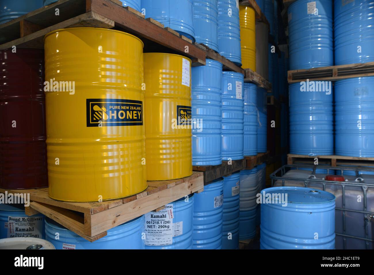 GREYMOUTH, NEW ZEALAND,  SEPTEMBER 1, 2021: Bulk drums of honey at a commercial honey factory Stock Photo