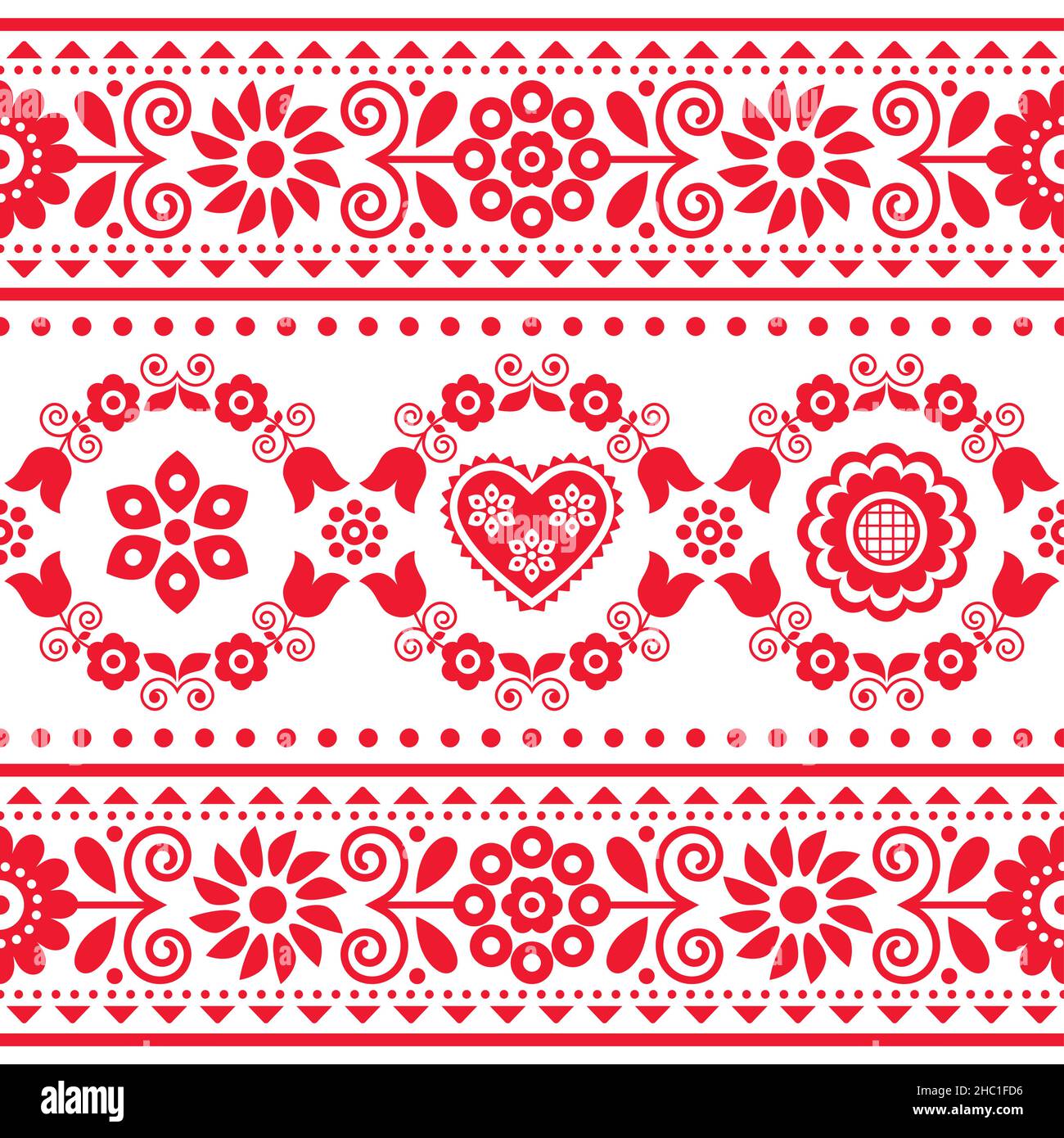 Polish ethnic vector seamless embroidery pattern with floral morif inspired by folk art embroidery Lachy Sadeckie - textile or fabric print ornament Stock Vector