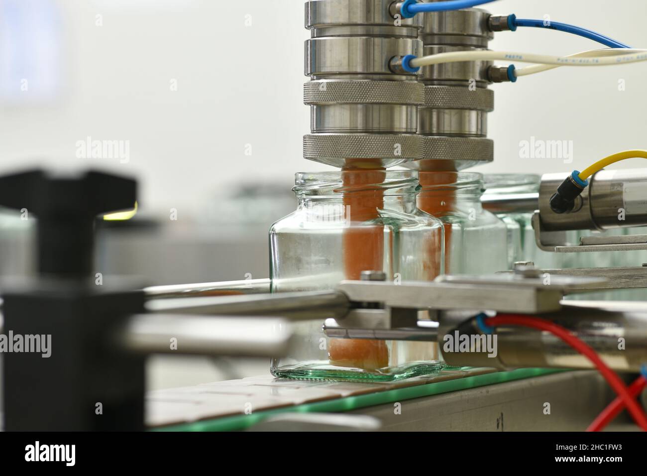 Jars of creamed honey in a packaging line at a commercial honey factory