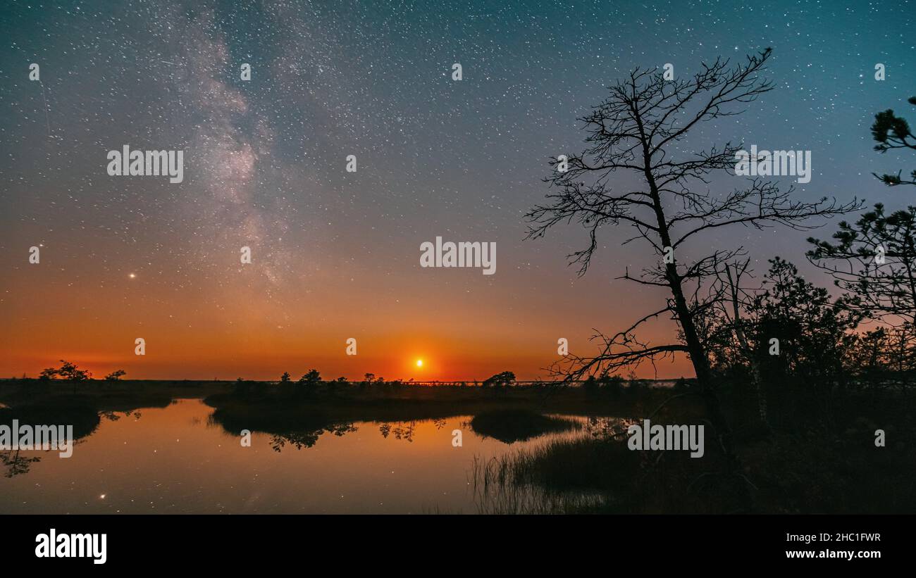 4K Miory District, Vitebsk Region, Belarus. Yelnya Swamp Nature Reserve Landscape. Night Starry Sky Milky Way Galaxy With Glowing Stars Moon. Famous Stock Photo
