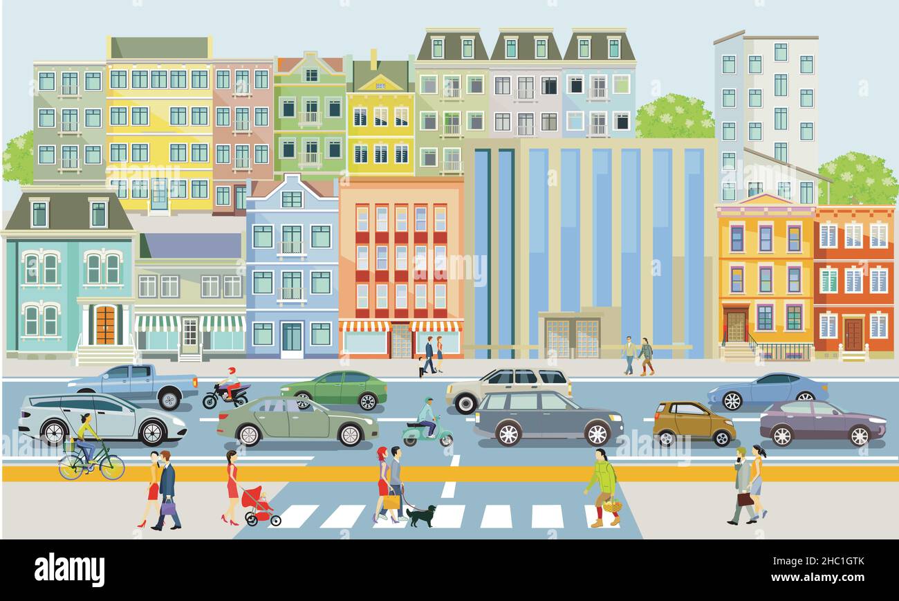 City with pedestrians and road traffic, illustration Stock Vector Image ...