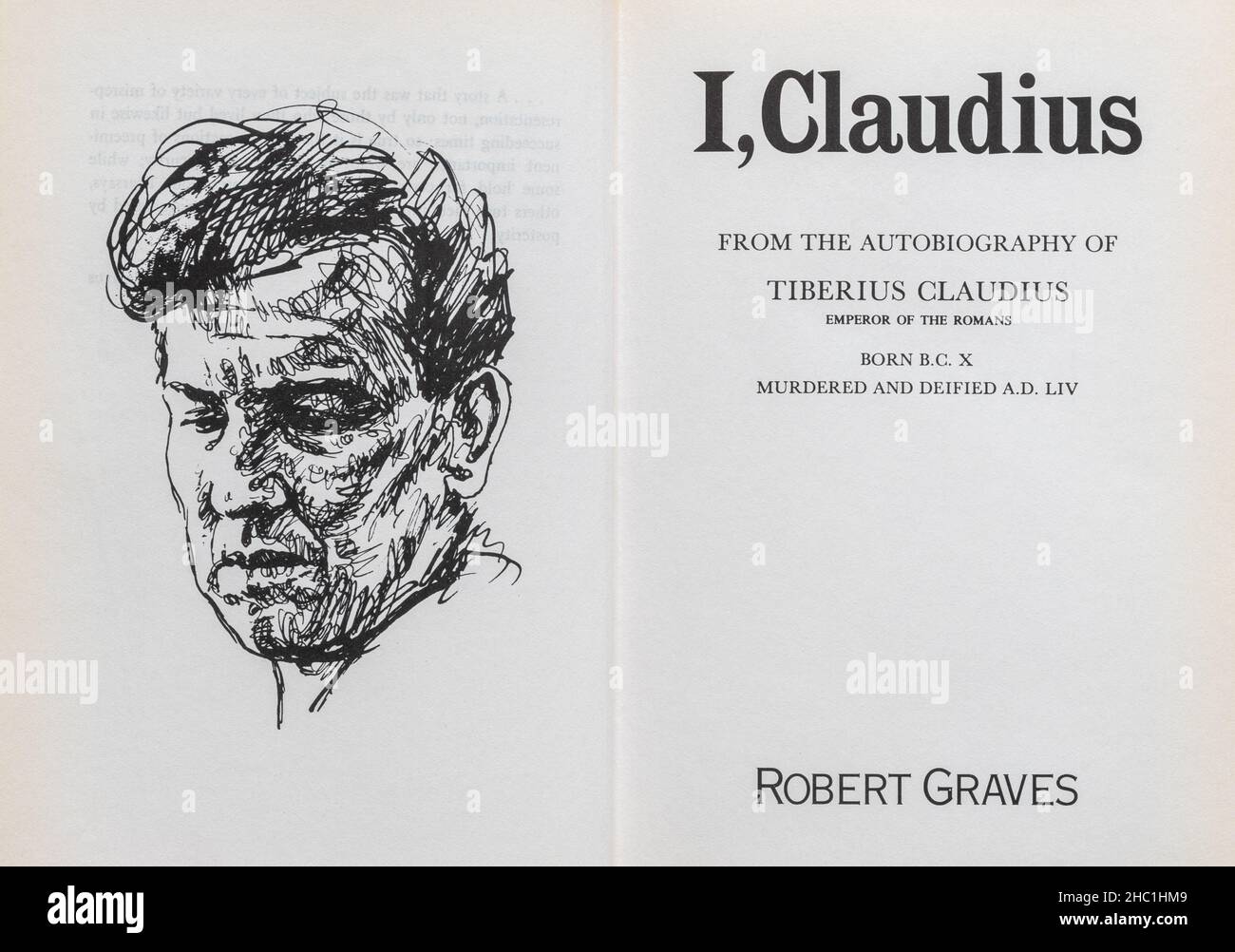 I, Claudius book - classic novel by Robert Graves. Title page and drawing of the author. Stock Photo