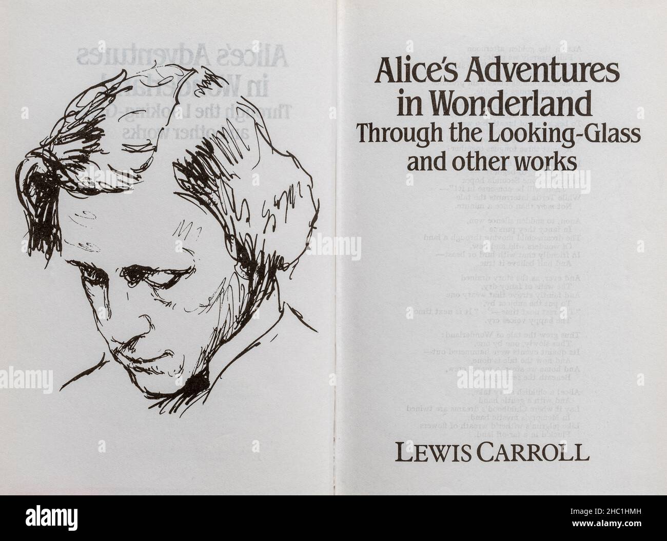 Alice's Adventures in Wonderland, Through the Looking-Glass book - classic novel by Lewis Carroll. Title page and drawing of the author. Stock Photo