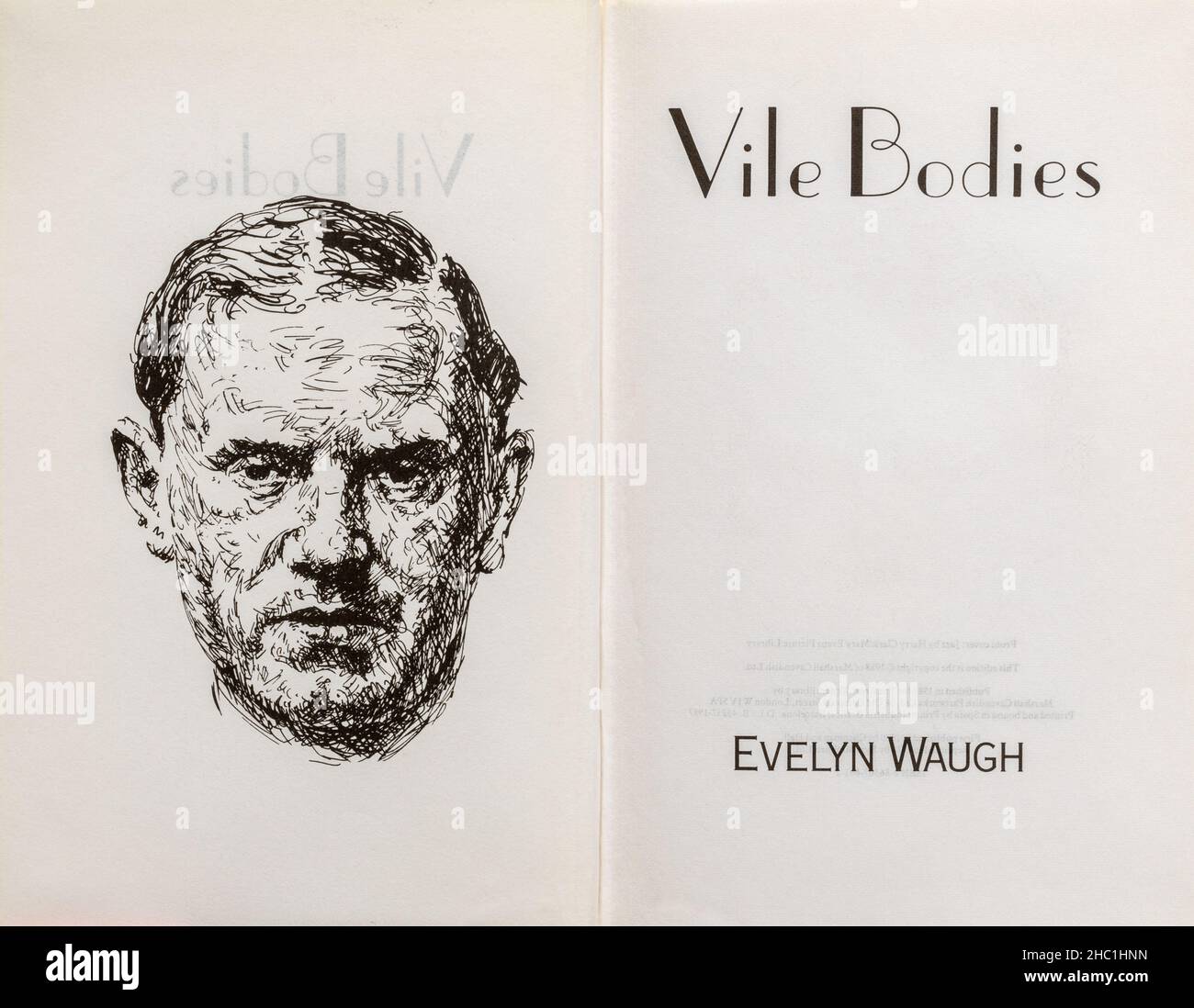 Vile Bodies book - classic novel by Evelyn Waugh. Title page and drawing of the author. Stock Photo