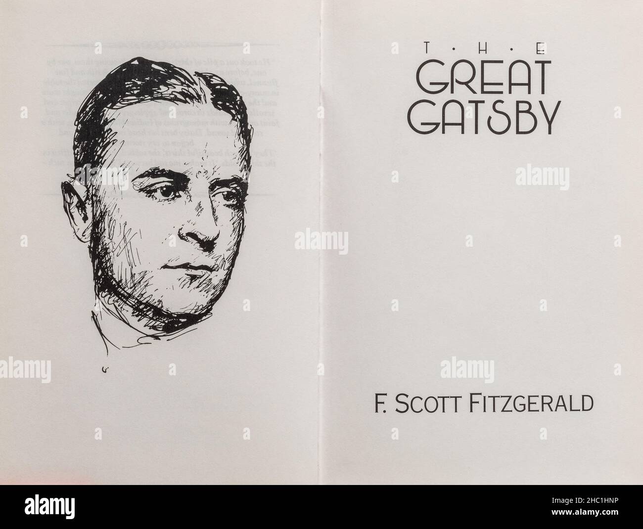 The Great Gatsby book - classic novel by F. Scott Fitzgerald. Title page and drawing of the author. Stock Photo