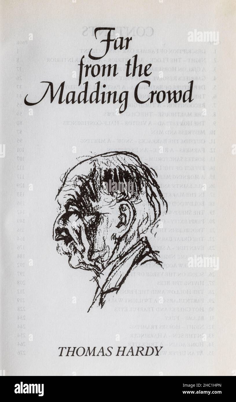 Far from the Madding Crowd book - classic novel by Thomas Hardy. Title page and drawing of the author. Stock Photo
