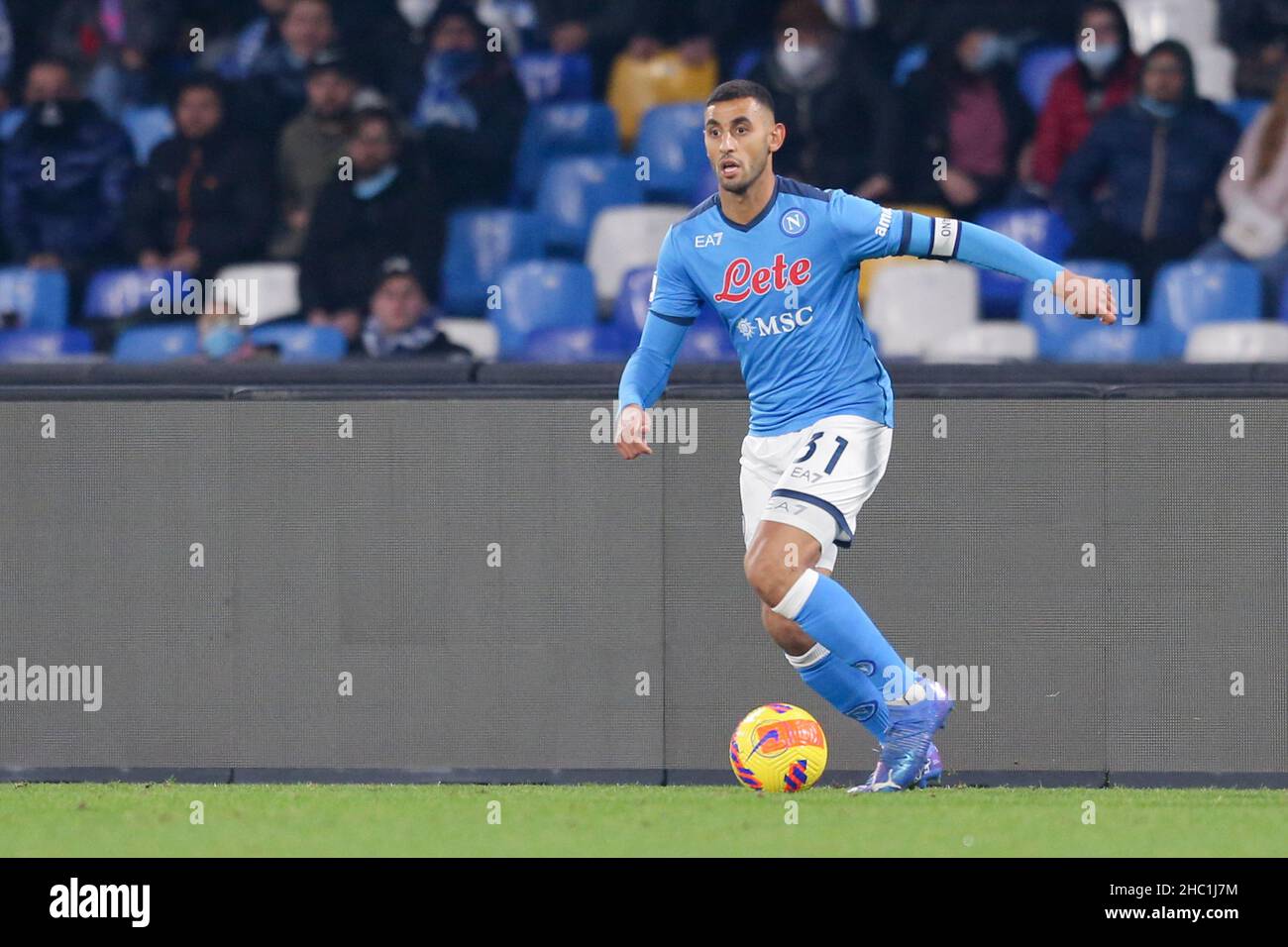 SSC Napoli's Algerian defender Faouzi Ghoulam controls the ball during the Serie A football match between SSC Napoli and Spezia at the Diego Armando Maradona Stadium Naples, southern Italy, on December 22, 2021. Stock Photo