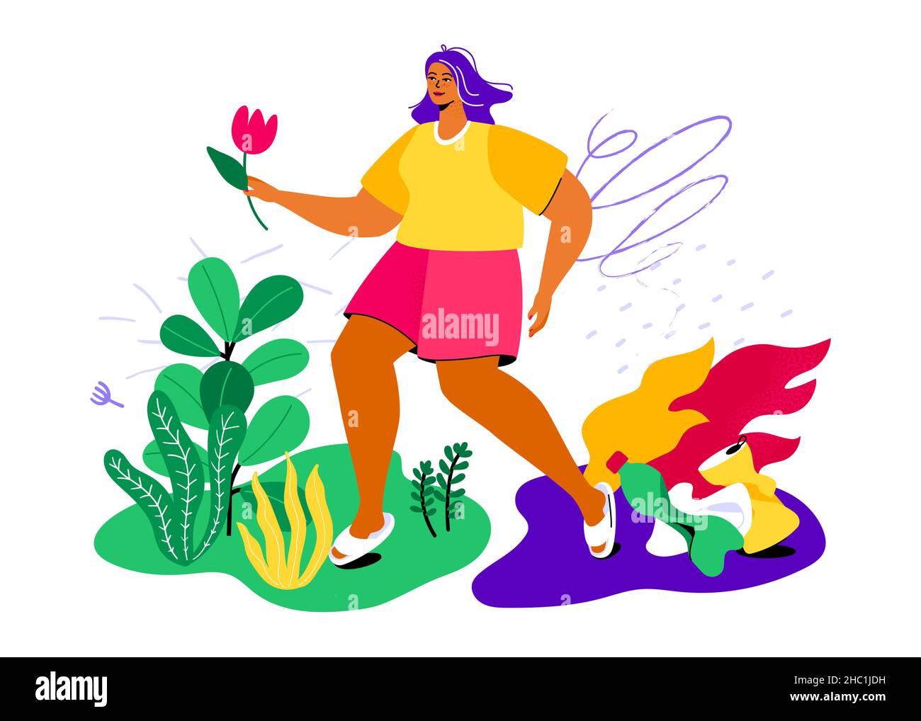 Eco lifestyle - colorful flat design style illustration. The girl running towards green field with plants, flowers, leaving plastic bottles, cans, and Stock Vector