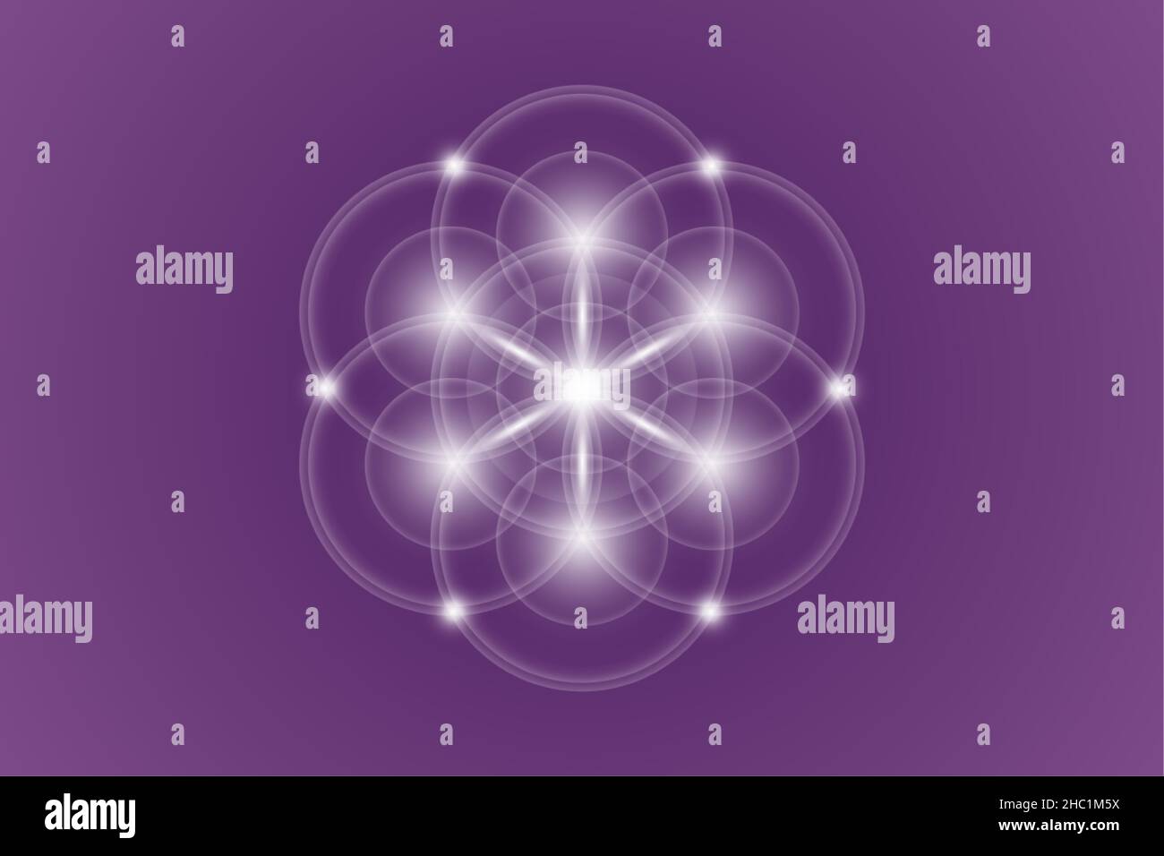Seed of life, Sacred Geometry, Flower of Life, light logo Symbol of Harmony and Balance, Glowing Geometrical Ornament, vector isolated on purple backg Stock Vector
