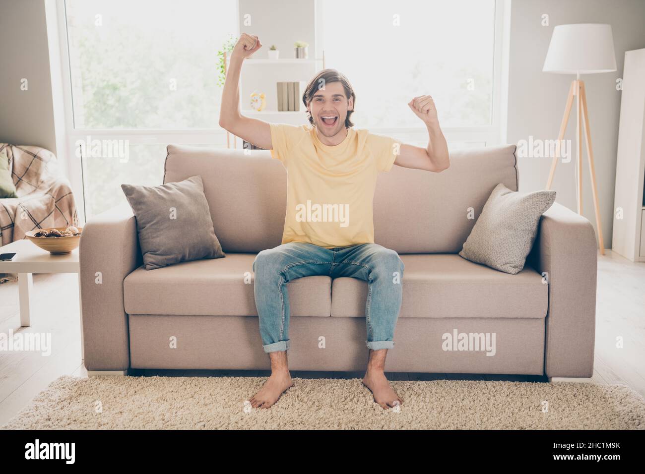 Photo of crazy positive guy sit comfy 