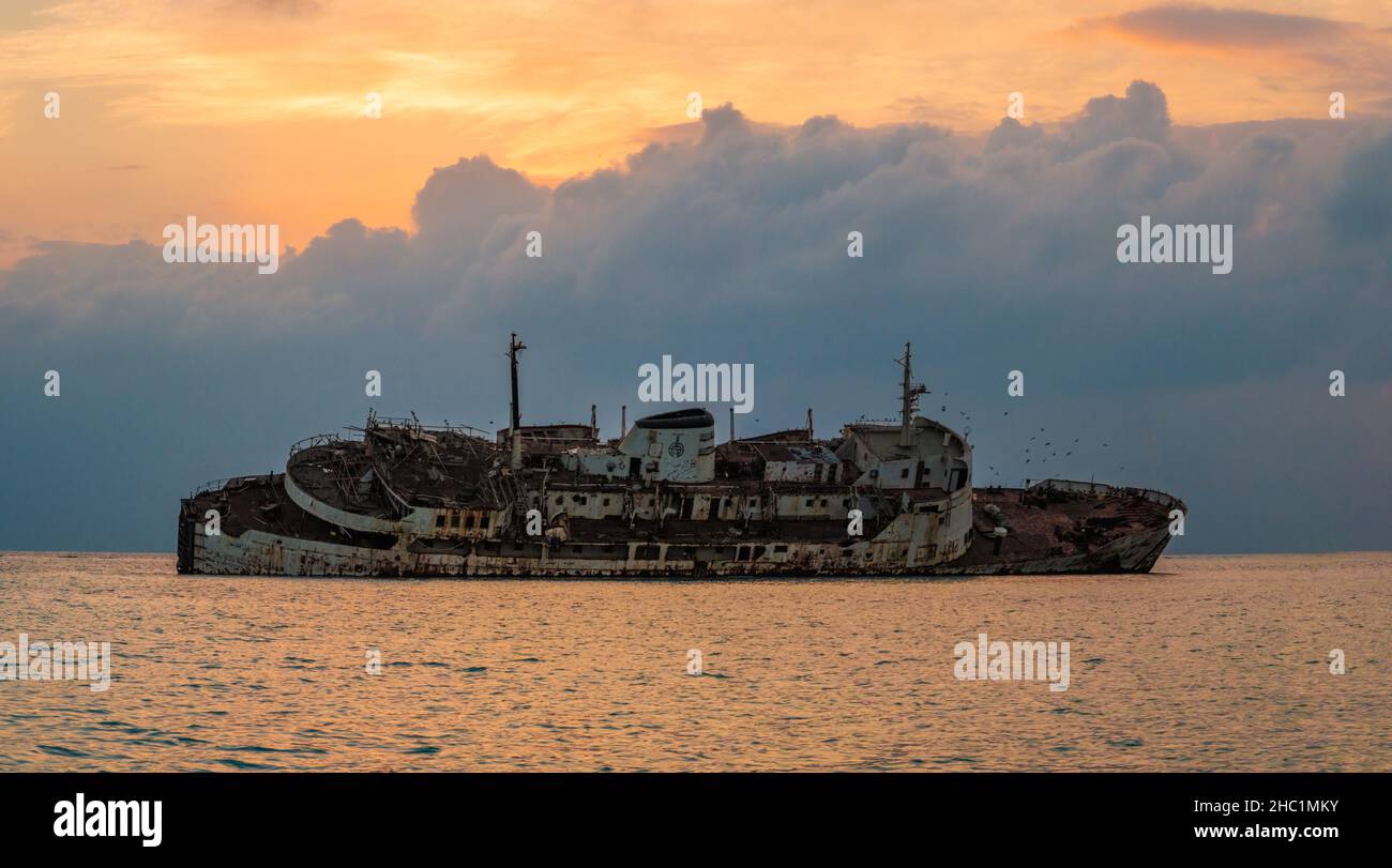 Al Fahad shipwreck at Red sea shore of Jeddah, Saudi Arabia Stock Photo