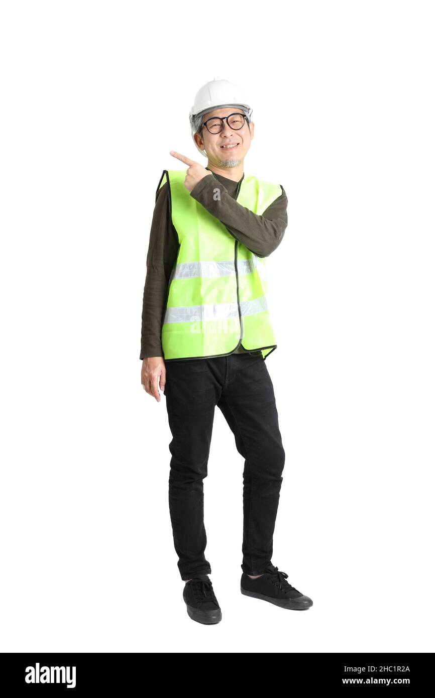 The senior asian man in labor uniform on the white background. Stock Photo