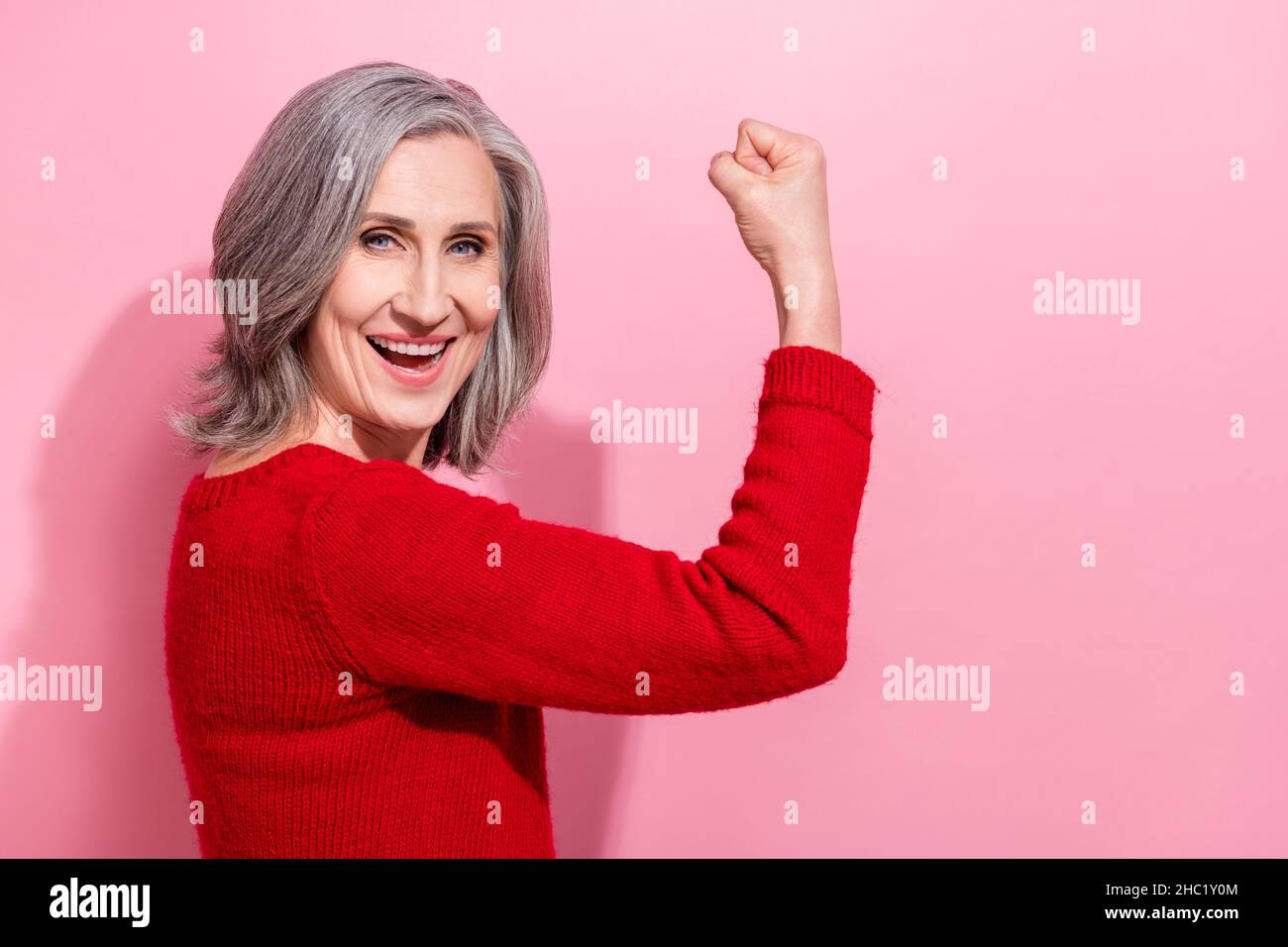 Profile side view portrait of attractive cheerful gray-haired woman celebrating yes isolated over pink pastel color background Stock Photo