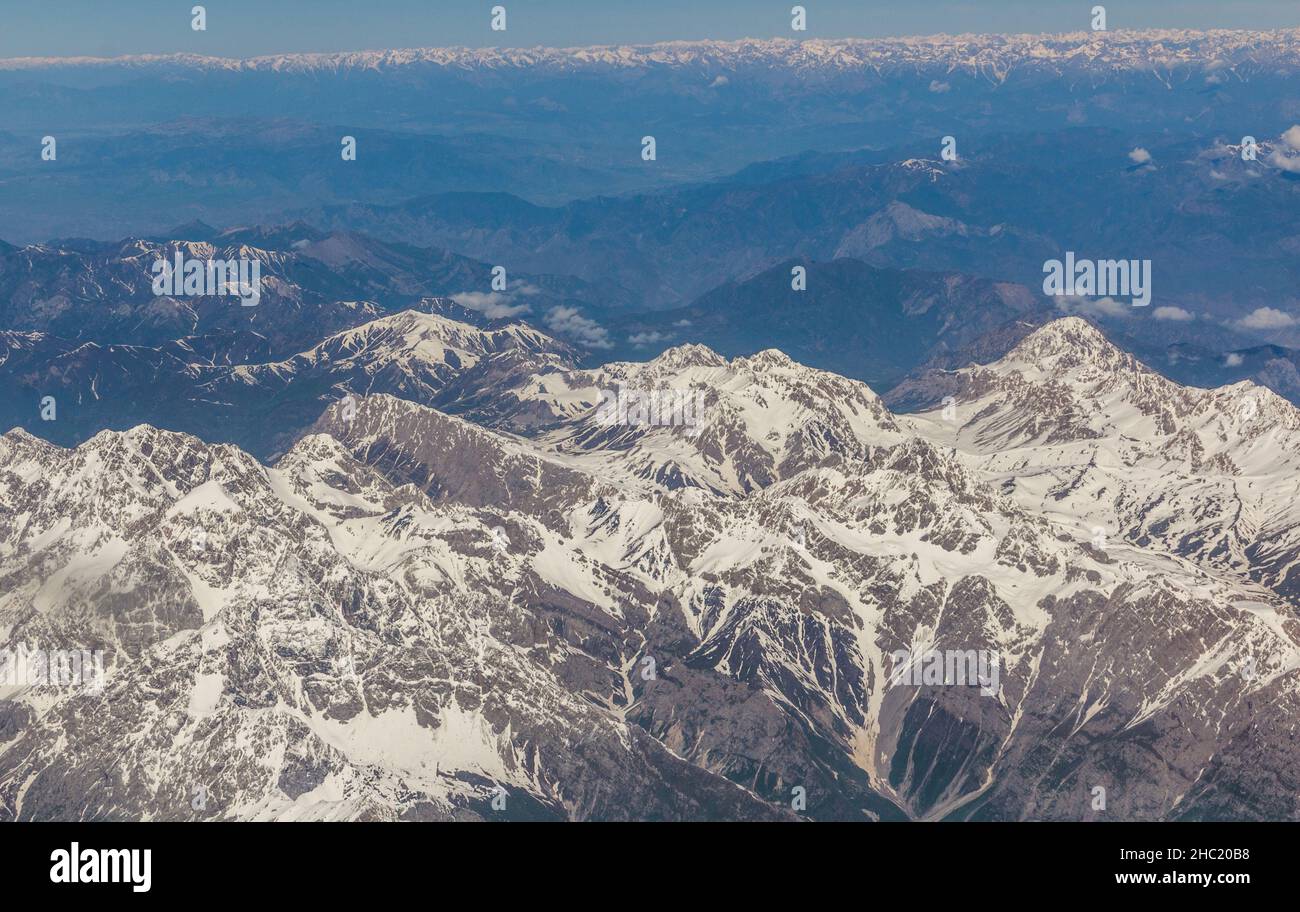 Aerial view of snow covered Tian Shan mountains in Kyrgyzstan Stock ...