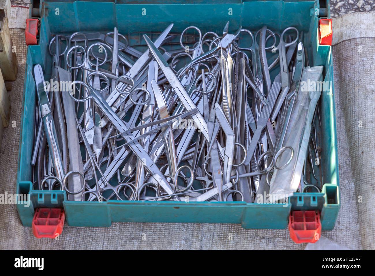 Many Used Surgical Scissors Tweezers Medical Instruments in Box Stock