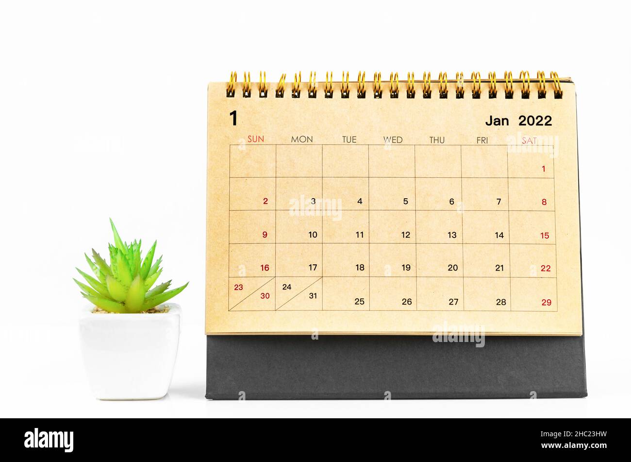 The January 2022 Desk calendar with plant pot on white table Stock ...