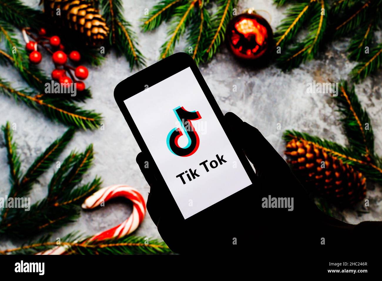 In this photo illustration a Tik Tok logo seen displayed on a smartphone. Stock Photo