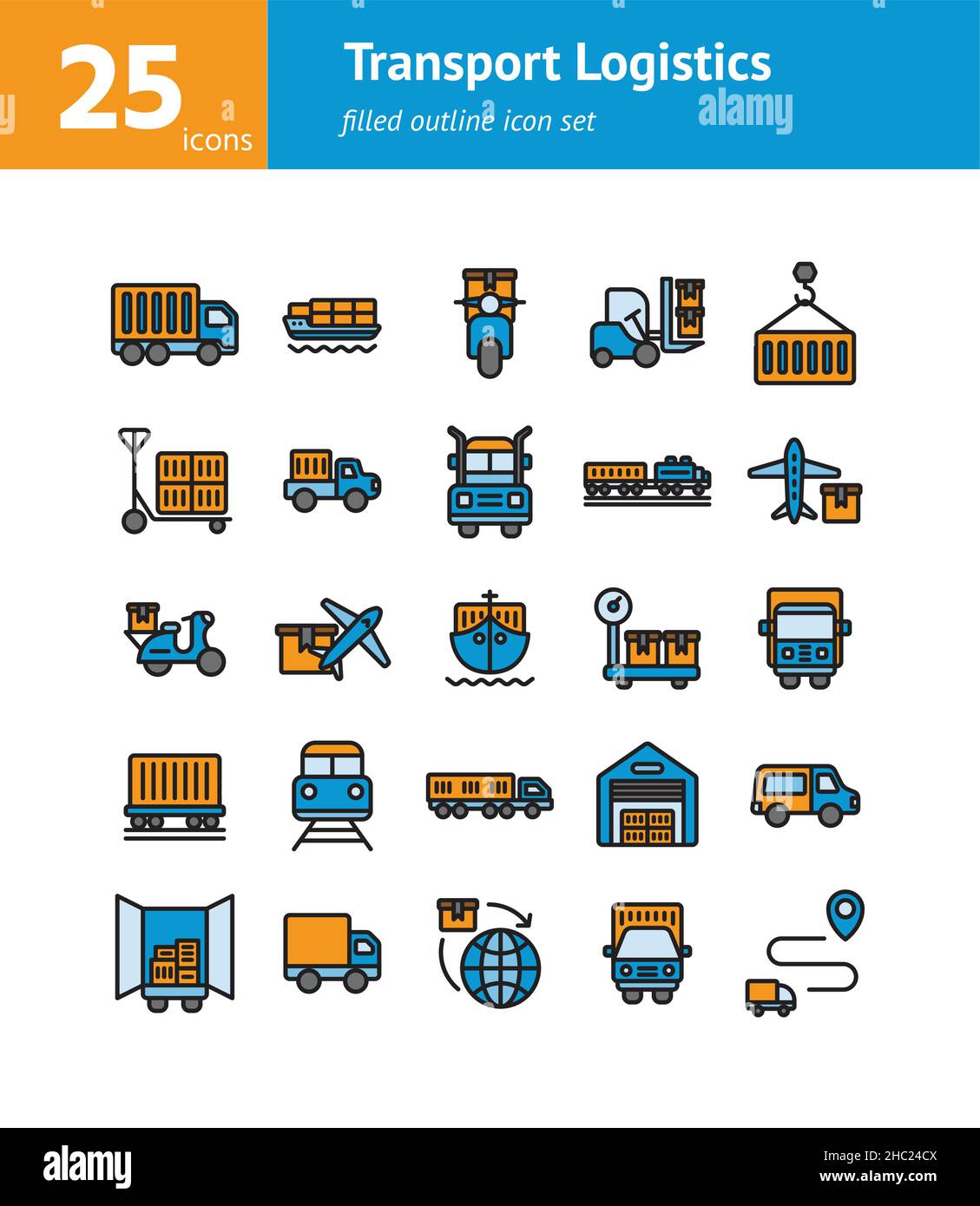Transport Logistics filled outline icon set. Vector and Illustration. Stock Vector