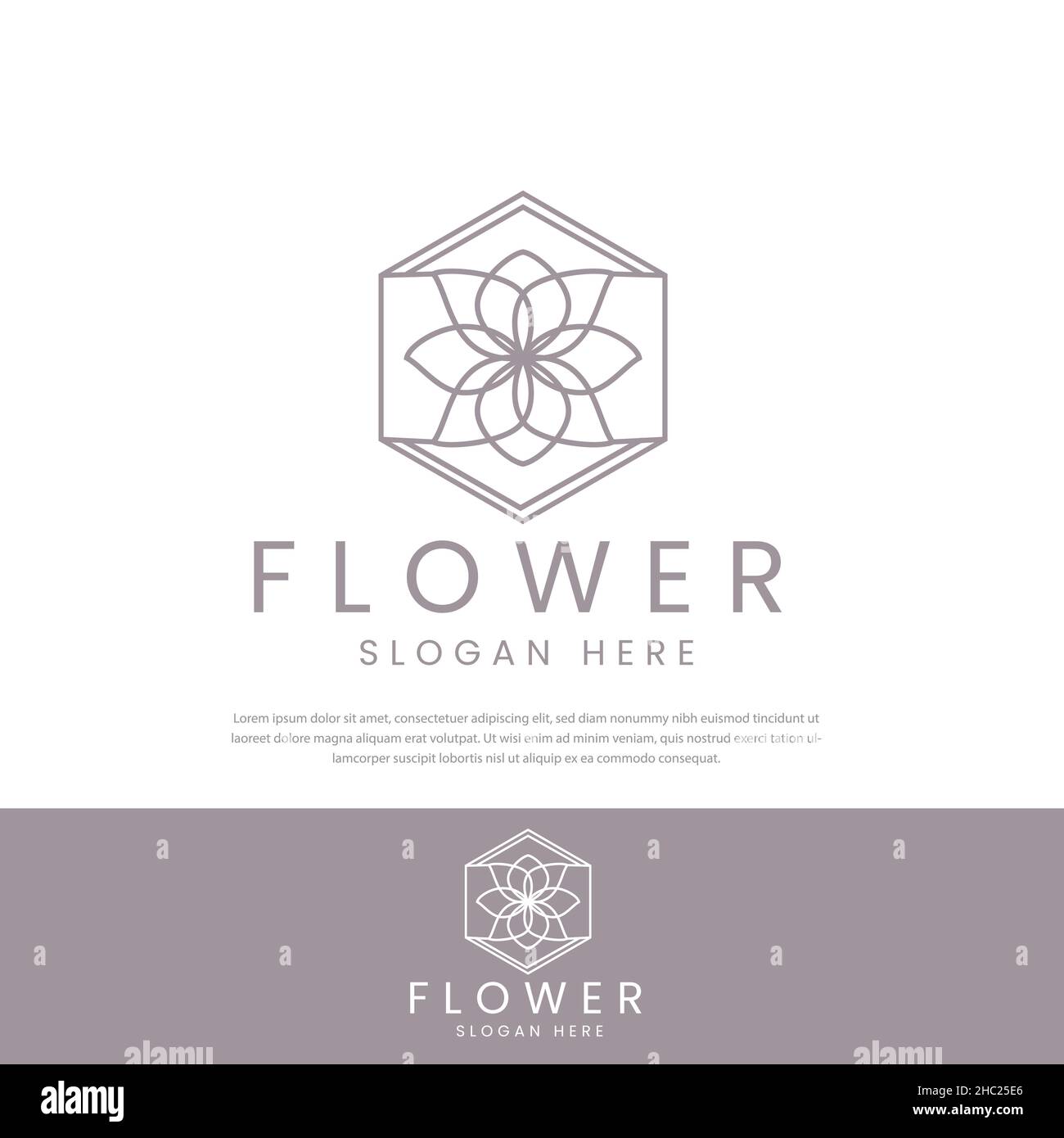 Geometric line art rose logo in beautiful floral frame in hexagons. vector line icon template Stock Vector