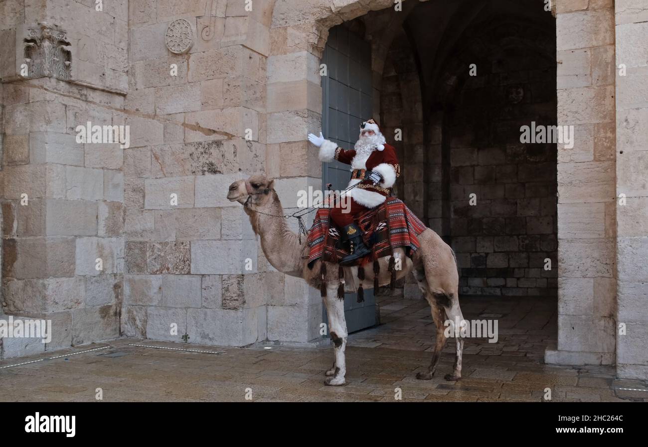 Issa Kassissieh an Arab Orthodox Christian and Israel’s only certified Santa Claus rides a camel in front of the old city in Jerusalem Israel Stock Photo
