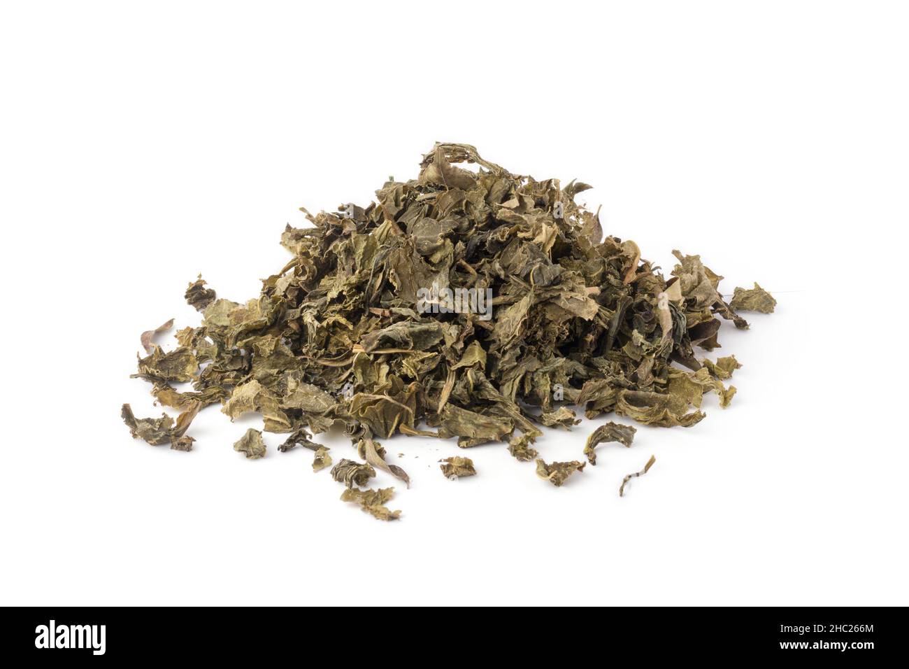 pile of used or brewed dried green tea leaves, to be used as natural organic fertilizer, increase nutrient levels and improve soil quality Stock Photo