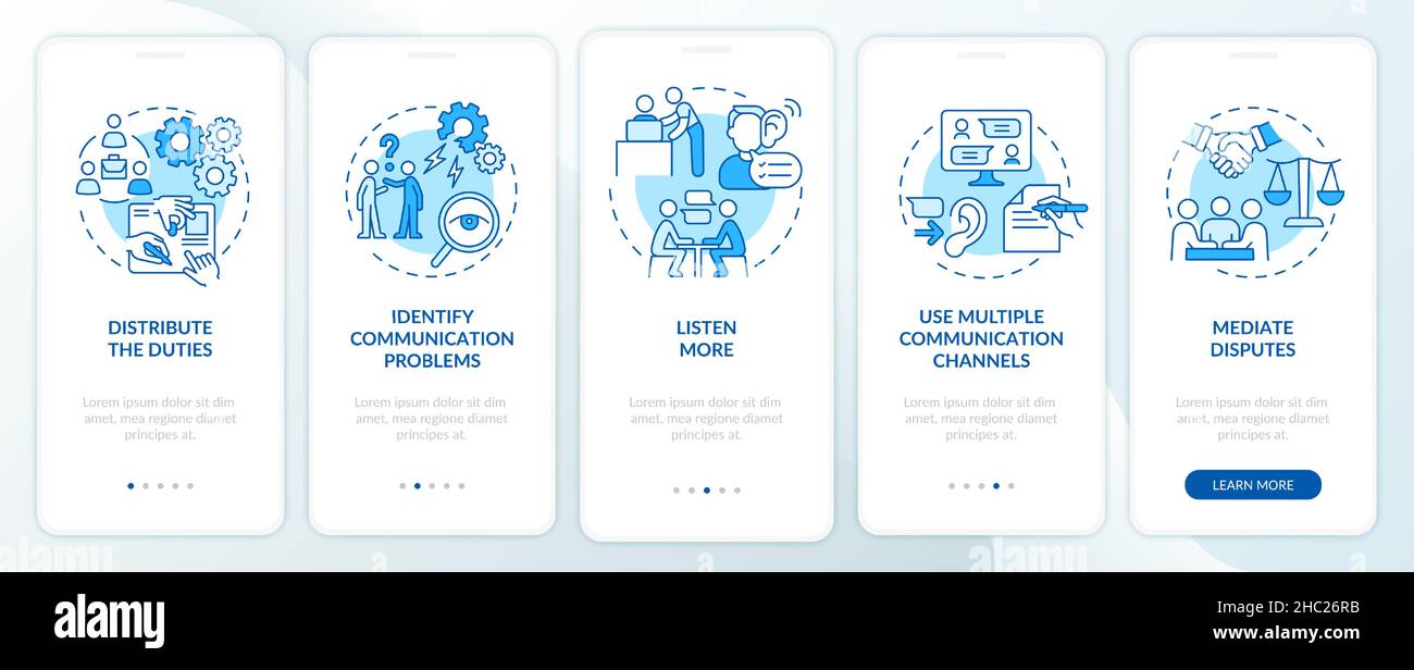 Ways to improve teamwork blue onboarding mobile app screen Stock Vector ...