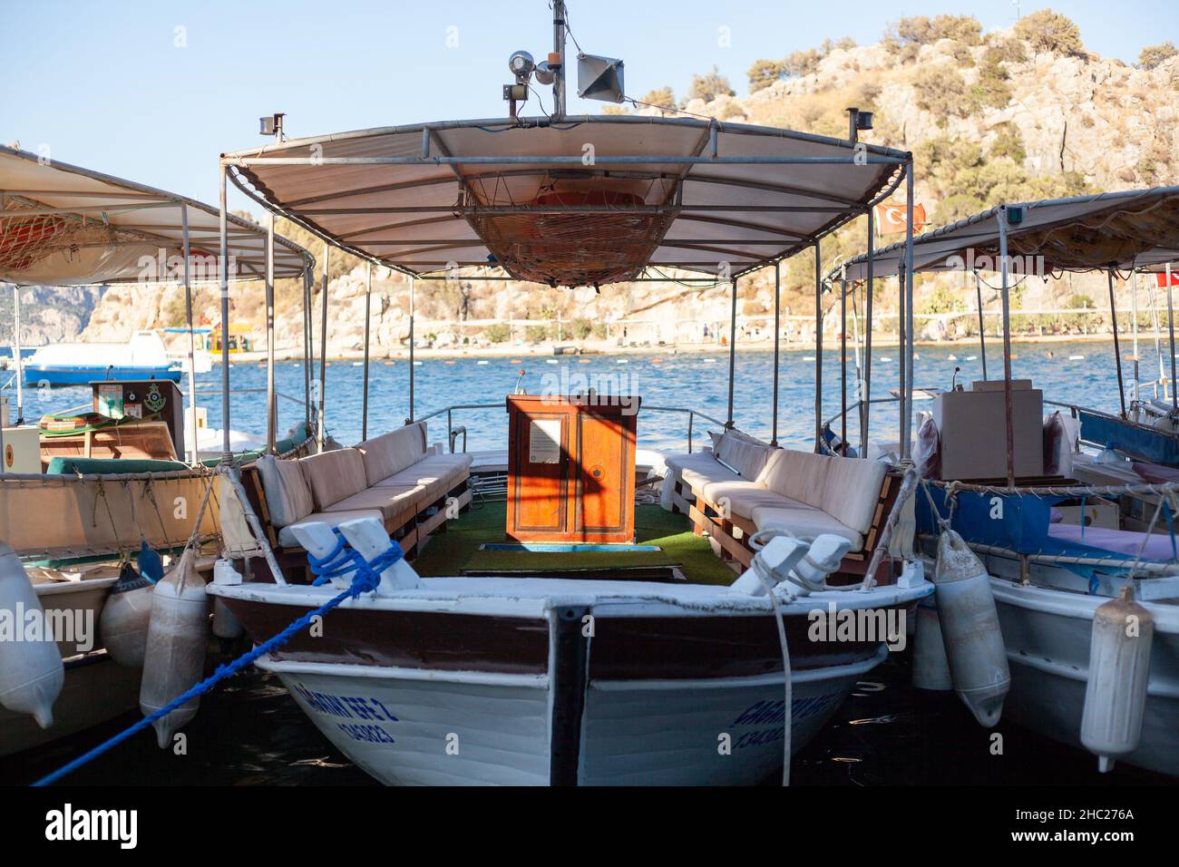 Moored pleasure yacht for travel by Mediterranian sea. Turunc, Turkey - September 4. 2021 Stock Photo