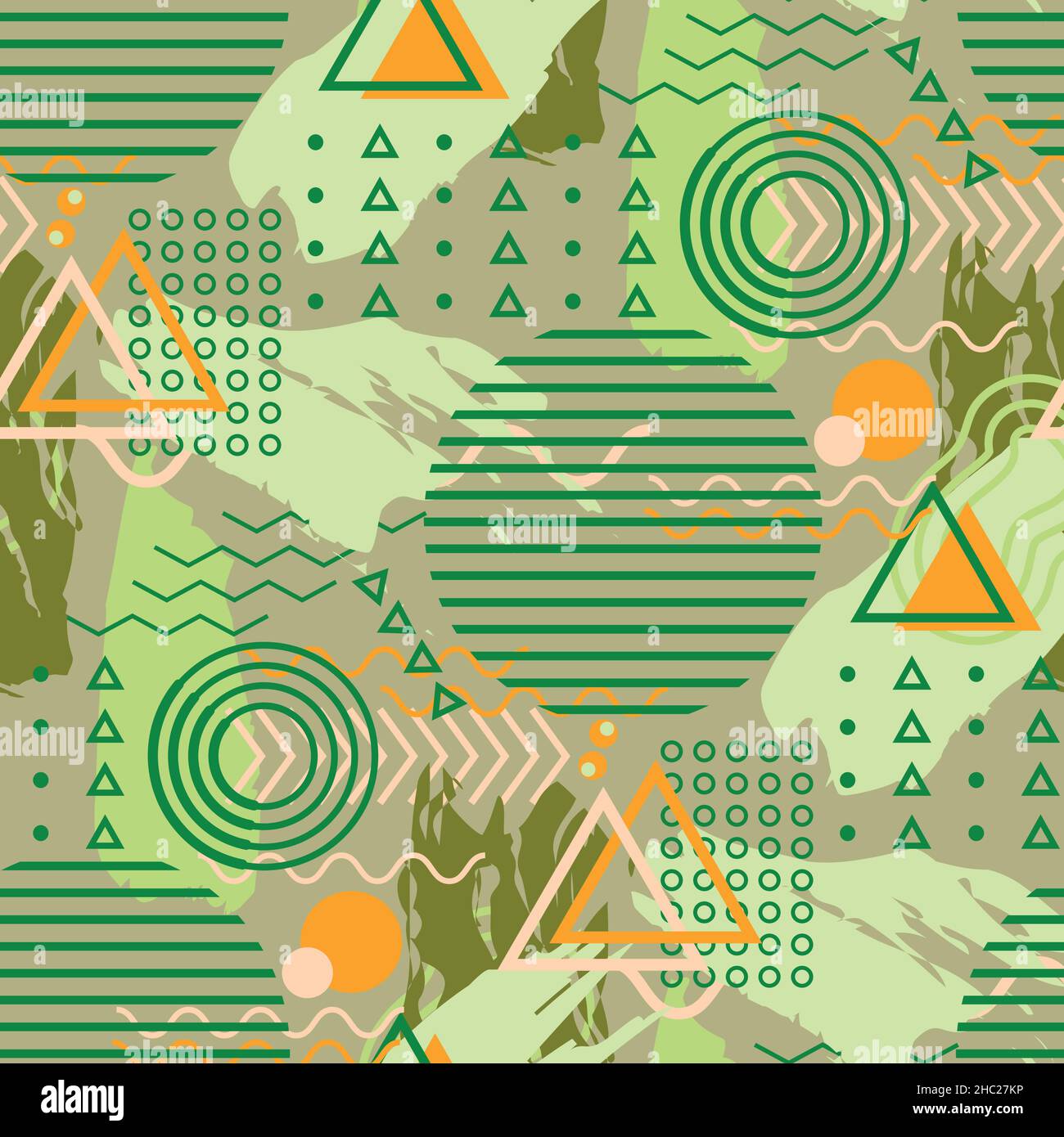 Abstract Memphis style vector seamless pattern. 80s hipster design background. Modern backdrop with scattered circles, zigzag, wave, triangles, lines Stock Vector