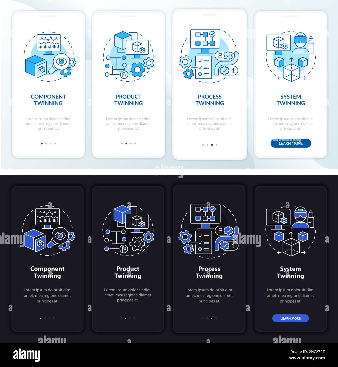 Twinning levels night and day mode onboarding mobile app screen Stock ...