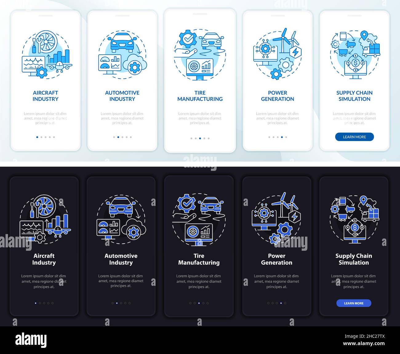 Digital twin usage night and day mode onboarding mobile app screen Stock Vector