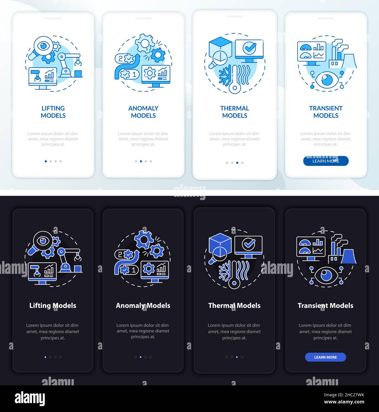 Virtual modeling night and day mode onboarding mobile app screen Stock Vector