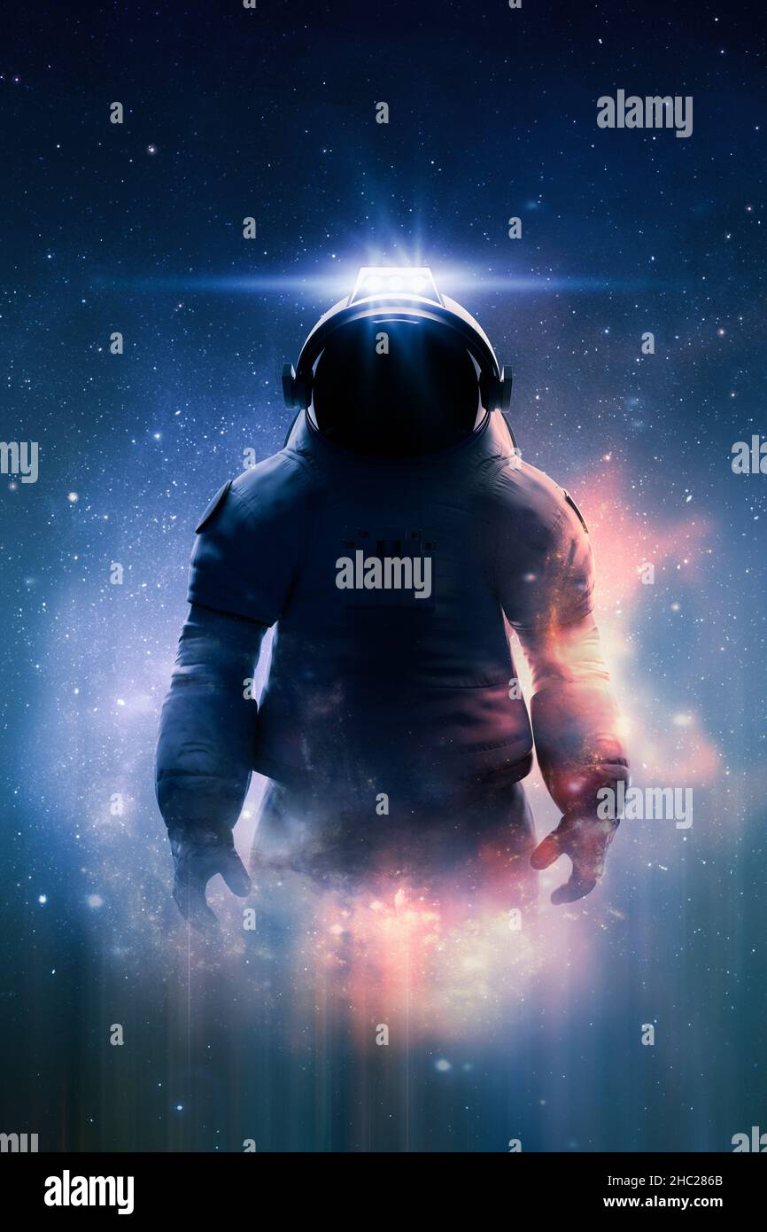 Epic view of an astronaut or cosmonaut in spacesuit in space with stars, nebula and galaxy around him. Book cover or a poster design. Sci-fi and fanta Stock Photo