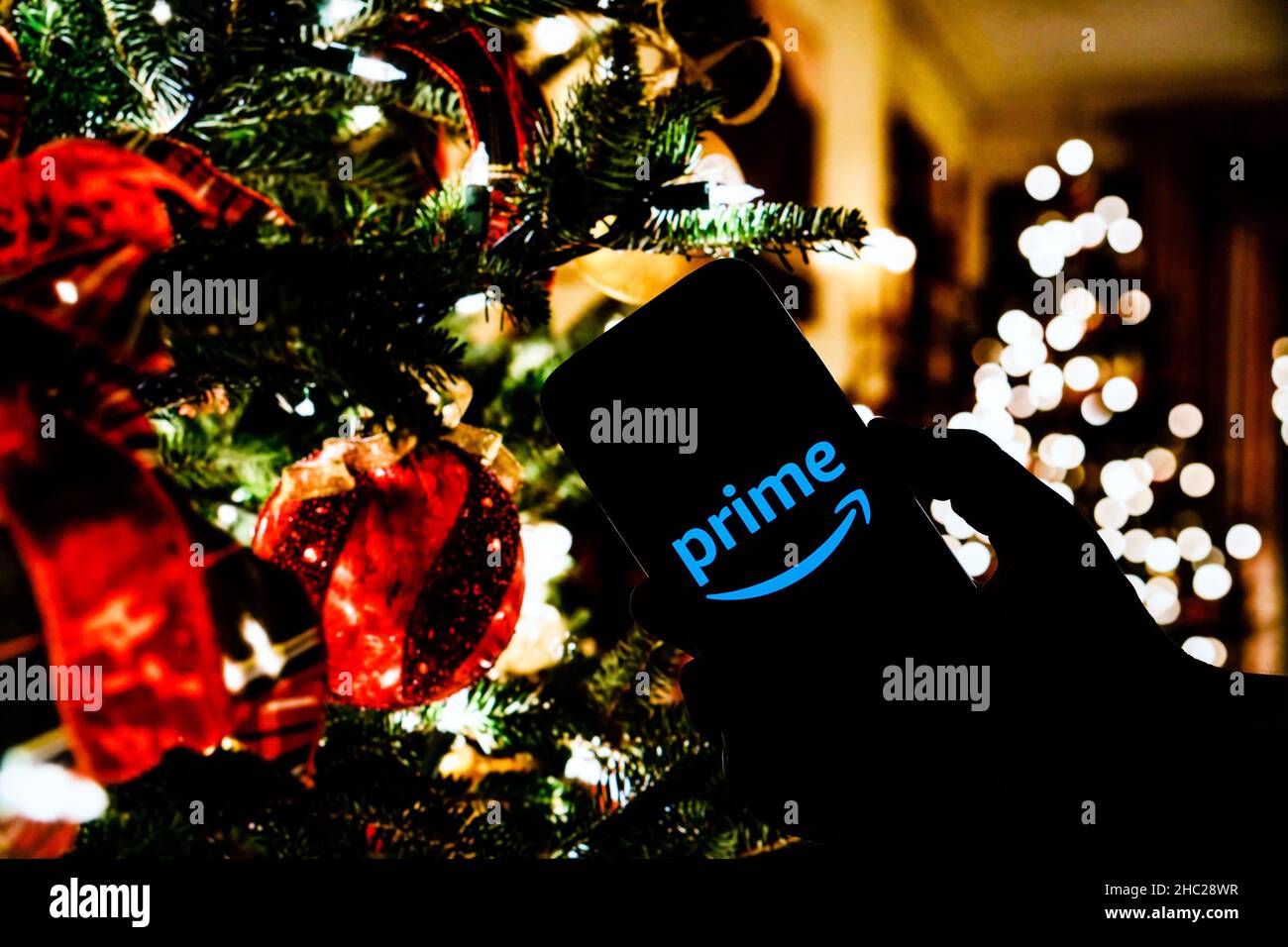 In this photo illustration a Amazon Prime logo seen displayed on a smartphone. Stock Photo