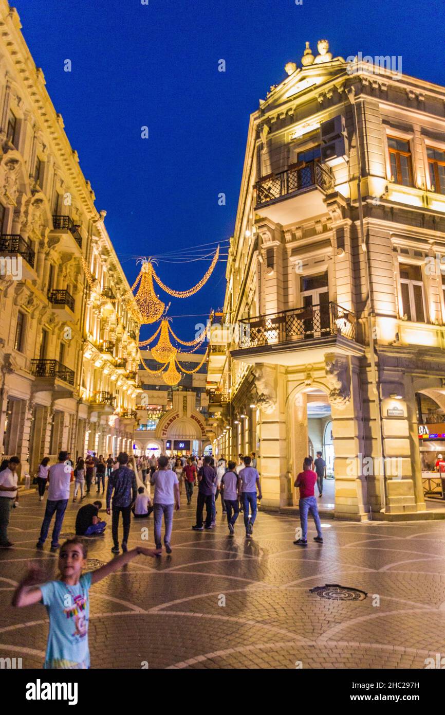 BAKU, AZERBAIJAN - JUNE 6, 2018: Evening view of a pedestrian zone