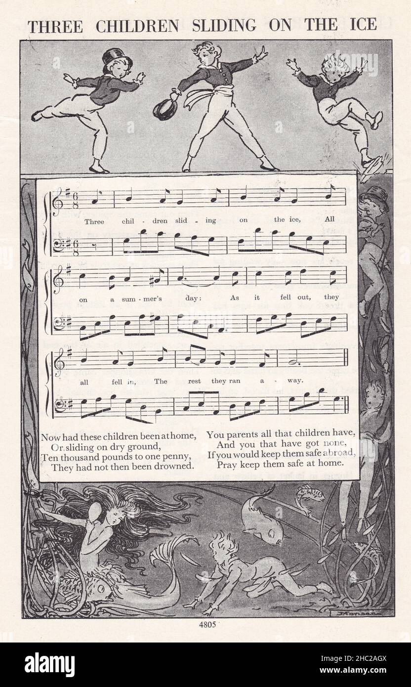 Ice Rhyme Vintage illustration / song / poem/ nursery rhyme 'Three children ...