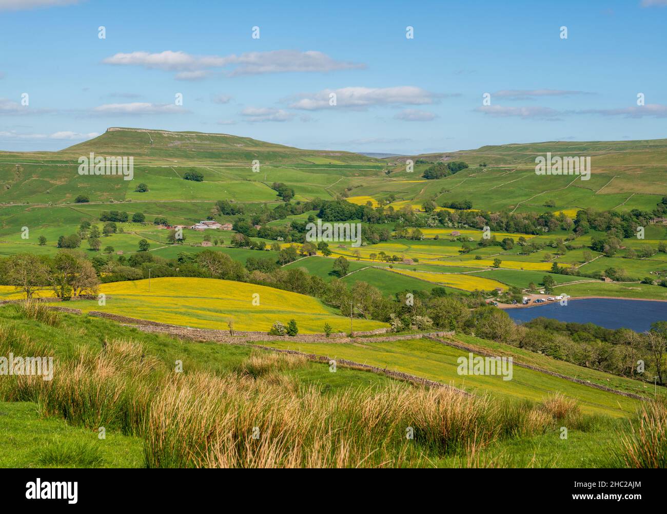 Countryside view across Semer Water and Raydale looking towards Addlebrough Hill in the Yorkshire Dales National Park Stock Photo
