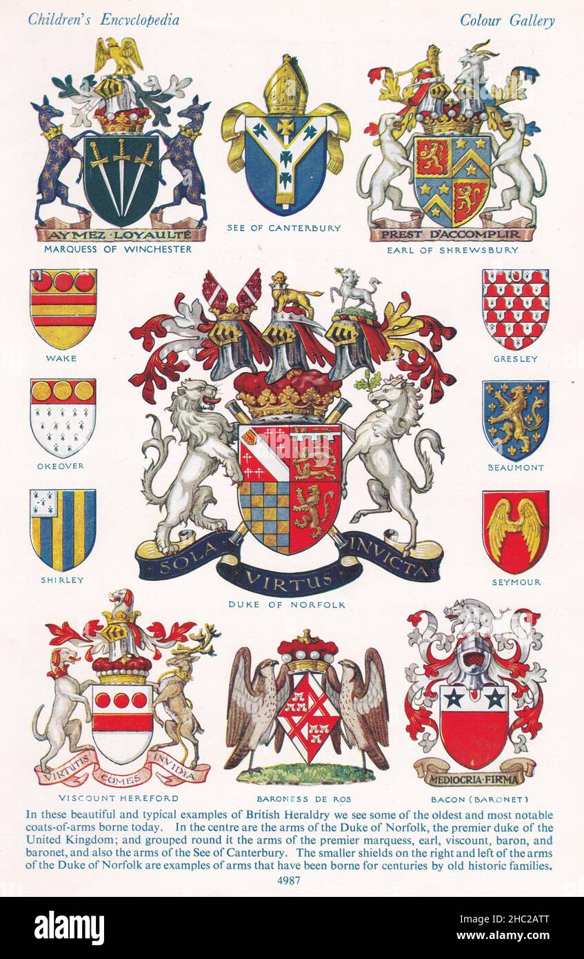 Vintage illustrations of 'A Pageant of Heraldry' - A colour gallery of Coats-of-Arms.  British Heraldry. Stock Photo