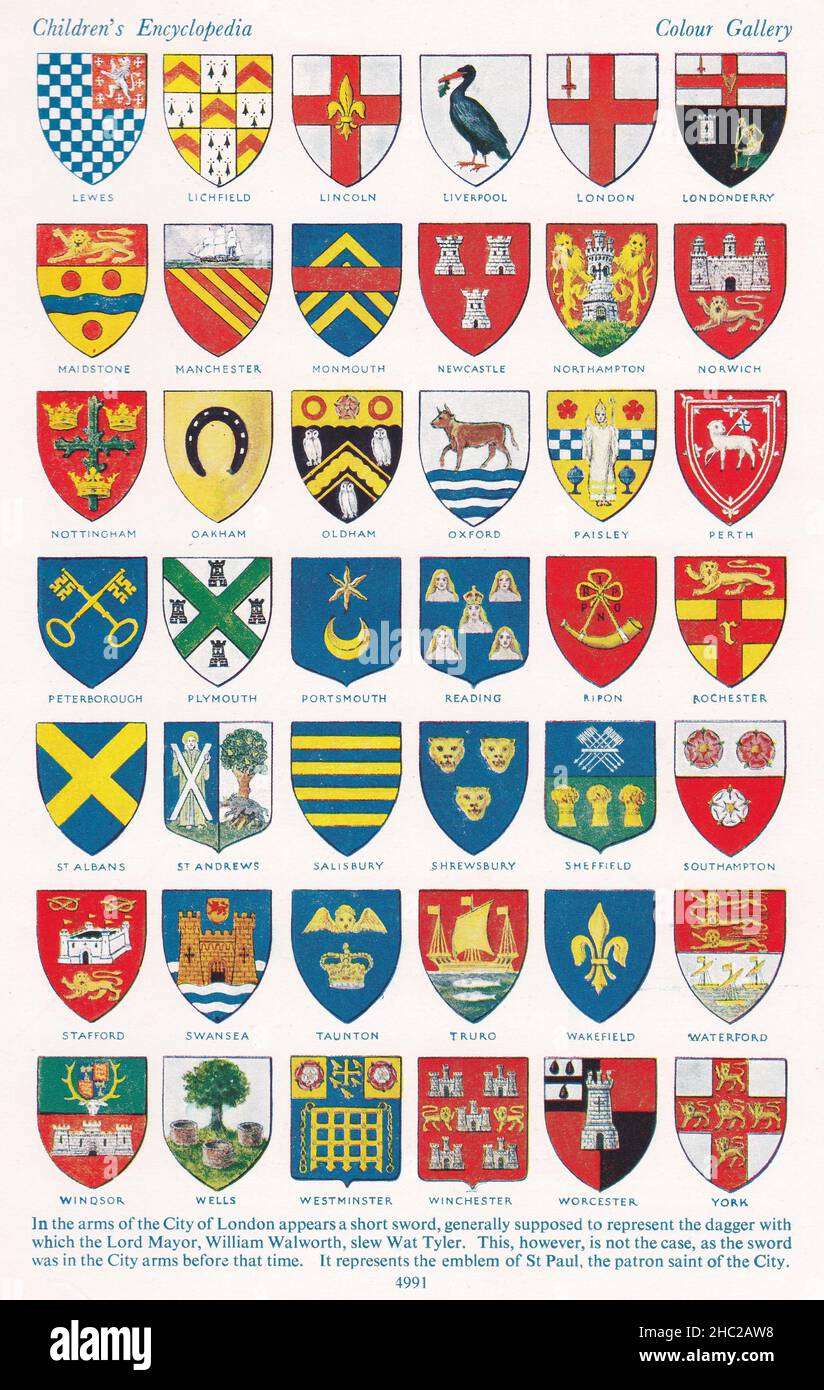 Vintage illustrations of 'A Pageant of Heraldry' - A colour gallery of Coats-of-Arms.  Cities and other Municipalities Stock Photo