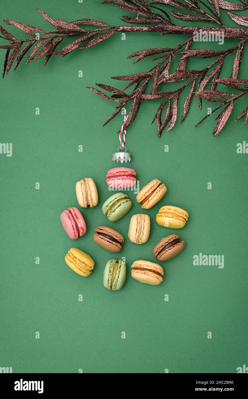 Abstract Different Macaroons Christmas Ball Hanging In Tree Stock Photo