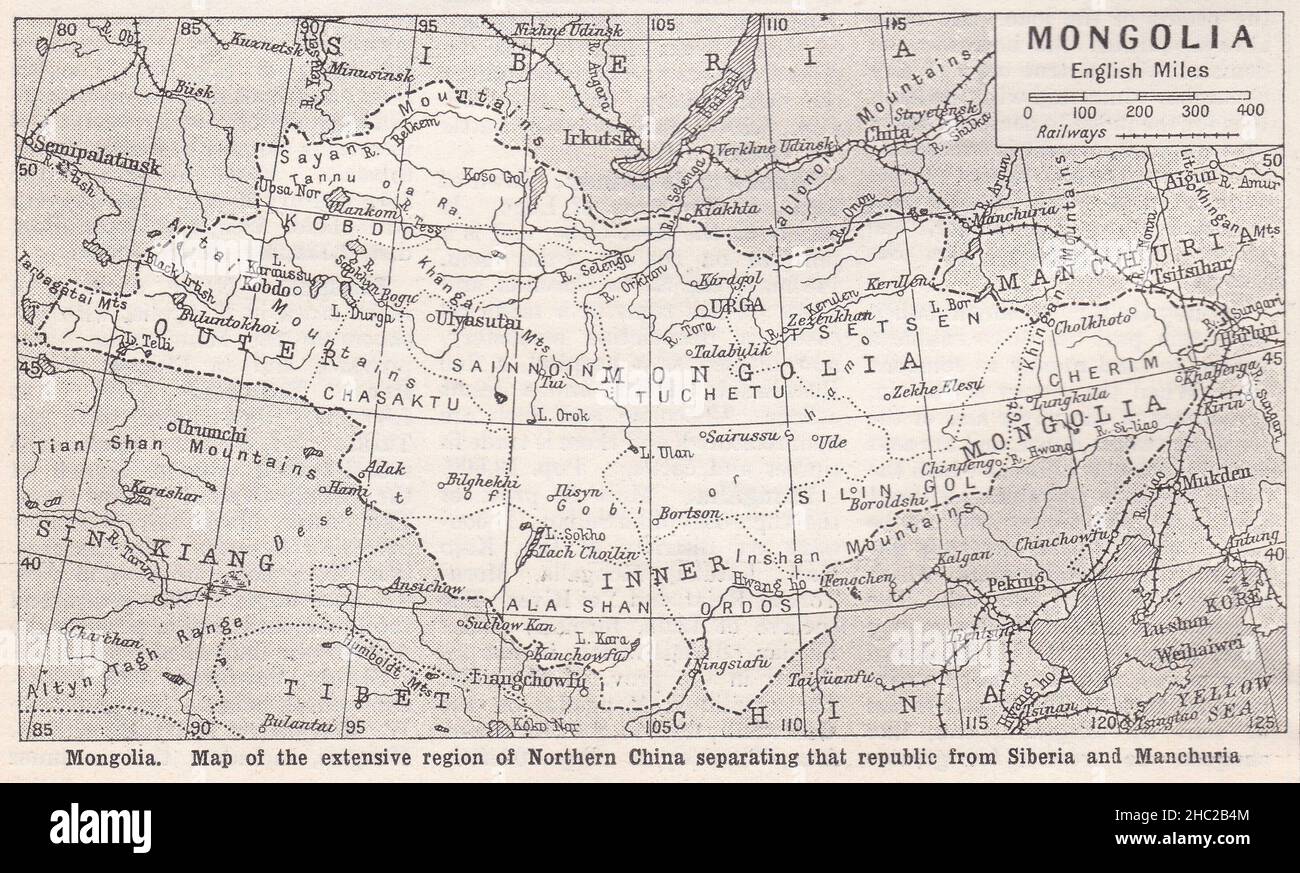 Vintage map of Mongolia - Extensive region of Northern China separating that republic from Siberia and Manchuria 1930s. Stock Photo