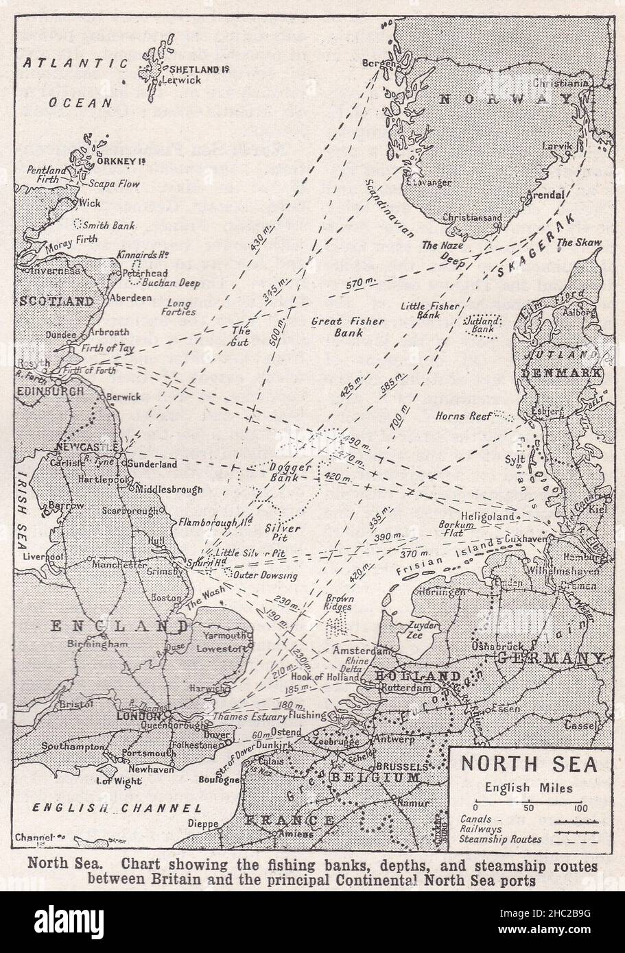 Vintage map of the North Sea - Chart showing the fishing banks, depths, and steamship routes between Britain and Continental North Sea Ports 1930s. Stock Photo